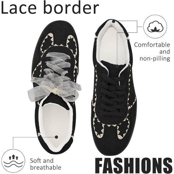 Women's Casual Black Crochet Ribbon Ballet Trendy Cute Spring Sneakers Shoes - Picture 7 of 9